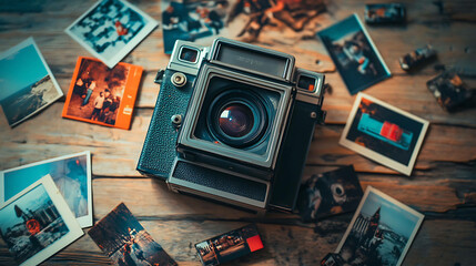 A 1990s Polaroid camera surrounded by printed photos and film cartridges on a wooden surface