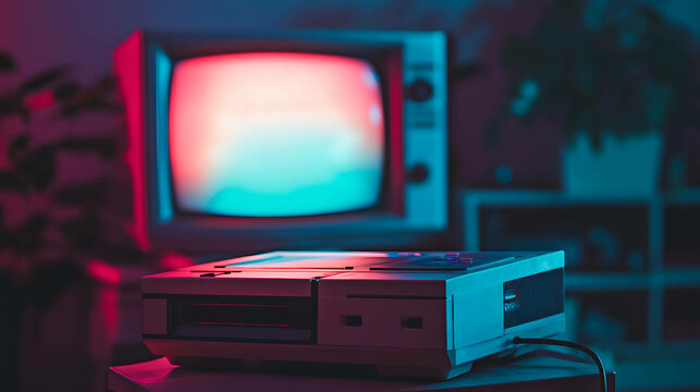 A 1990s gaming console connected to a small TV with a glowing screen in a dim room