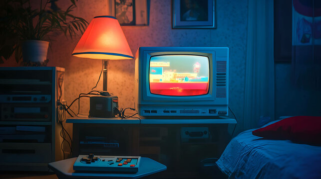A 1990s gaming console connected to a small TV with a glowing screen in a dim room