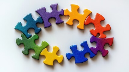 Colorful puzzle pieces arranged in a circle on white background