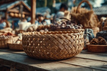 Obraz premium Woven basket sits on a rustic wooden table.