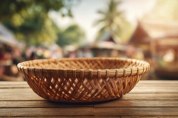 Fototapeta premium Empty woven basket on a wooden surface, out-of-focus market scene.
