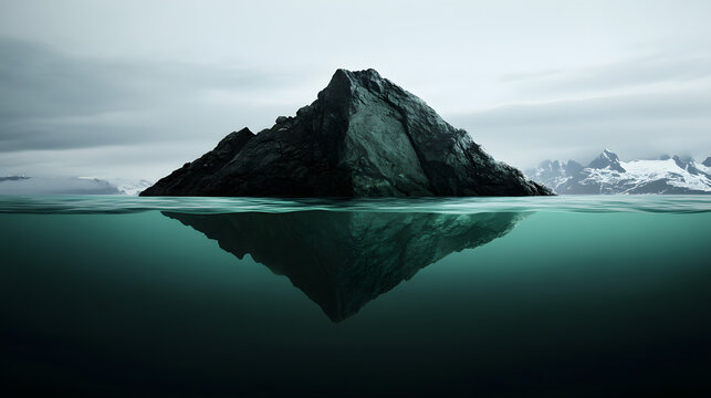 calm surface of the ocean hiding massive threatening forms beneath, false safety, eerie surrealism