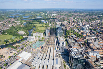 Epic aerial view of Reading center and railway station, and commercial buildings, Berkshire, United Kingdom