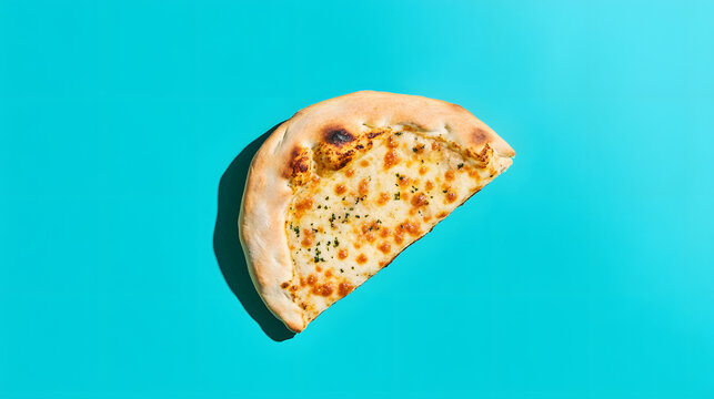 calzone pizza, taken from above, marine blue background