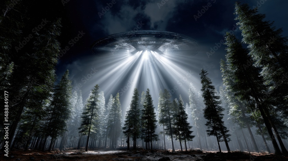 Aufkleber A large alien spaceship is hovering over a forest of trees