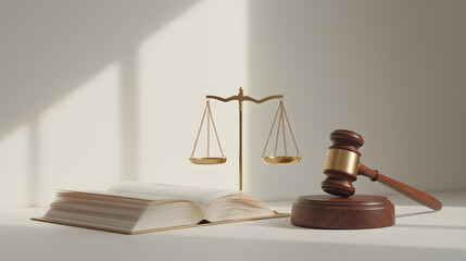 Elegant Golden Scales of Justice with Wooden Gavel and Open Law Book in Soft Natural Light
