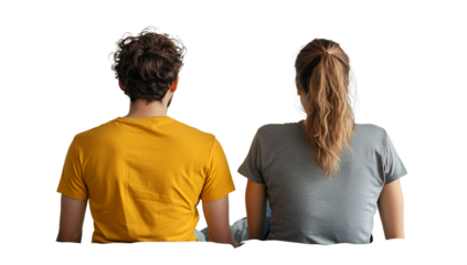 Young couple sitting back to back view