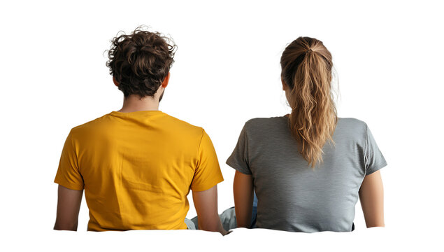 Young couple sitting back to back view