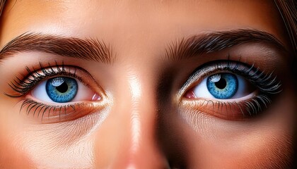 Fototapeta premium Close-up of a woman's vivid blue eyes with detailed eyelashes and skin texture captured in studio lighting