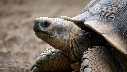 Obraz premium Close-up of a tortoise with detailed texture on its shell and skin crawling over dry ground