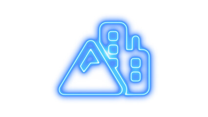 Neon icon of a construction site with a triangular warning sign and buildings, Neon mountain city icon glow with transparent background