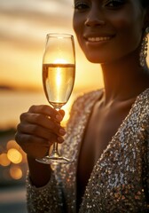 Woman holds a glass of sparkling wine during a beautiful golden sunset celebration. Enjoying a festive evening on a rooftop or balcony overlooking a scenic view for special occasions.