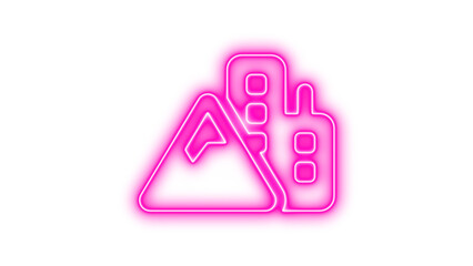 Neon icon of a construction site with a triangular warning sign and buildings, Neon mountain city icon glow with transparent background