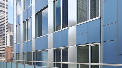 Obraz premium Stunning building facade combination of glass steel element featuring large window sleek vertical line facade complemented dynamic color palette of cool blue reflective silver crisp white highlighting