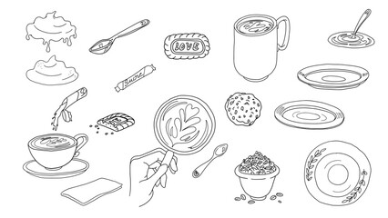 série d'éléments autour du café, cappuccino, latte et dessert