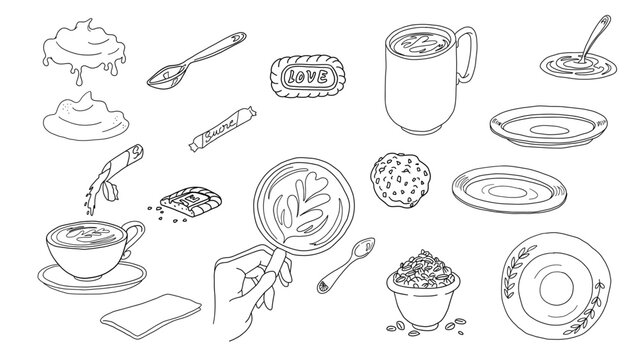 s&eacute;rie d'&eacute;l&eacute;ments autour du caf&eacute;, cappuccino, latte et dessert