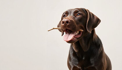 Happy Labrador retriever holding a stick in its mouth indoors  