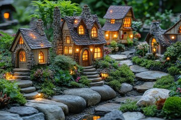 Obraz premium A whimsical fairy garden with miniature houses and twinkling lights at twilight