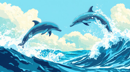 Playful Dolphins Leaping Over Ocean Waves

