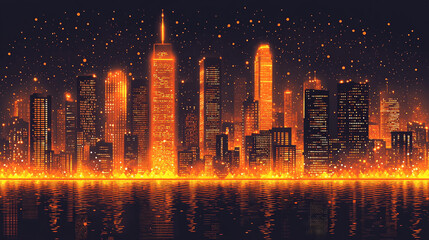 Fototapeta premium A golden, modern futuristic cityscape featuring glowing skyscrapers and a structured geometric grid. The skyline radiates with sleek, metallic architecture, symbolizing technological advancement, luxu