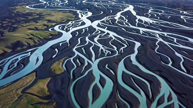 Aerial view shows braided river system flowing through dark terrain