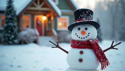 Festive Snowman Decoration in Snow-Covered Front Yard