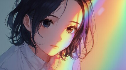 Fototapeta premium Anime Girl with Rainbow Light Reflection
