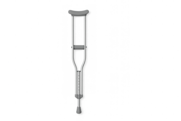 Single adjustable metal crutch on a transparent background, symbolizing mobility aid and the journey to recovery after injury or surgery