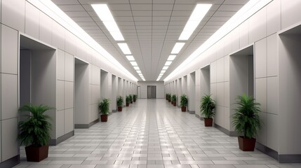 Symmetrical pattern of floor tiles repeated throughout contemporary office hallway continuous design provides a sense of order guiding visitors and staff through the space with a cohesive aesthetic