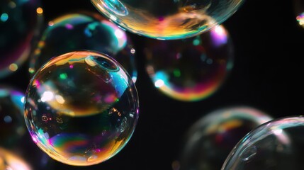 soap bubbles, colorful and shiny on a black background