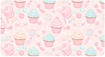 Seamless pattern with cupcakes and candies on a pink background
