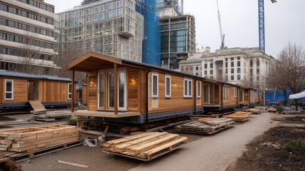 Fototapeta premium a small-scale, modern, wooden mobile home park on pallets, with a new building under construction