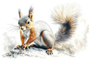 Obraz premium Watercolor painting of a squirrel with a bushy tail perched on a rock depicted with delicate brushstrokes and a soft color palette.