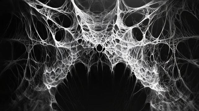 Intricate White Spiderweb Design on Black Background Halloween Spooky Texture Mysterious Web Pattern Creepy Nature Detailed Intricate Design Gothic Style Elegant         