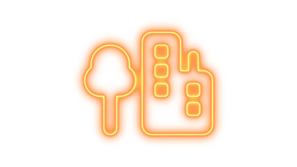 Neon-style icon of a tree and building, Neon tree city icon glow with transparent background