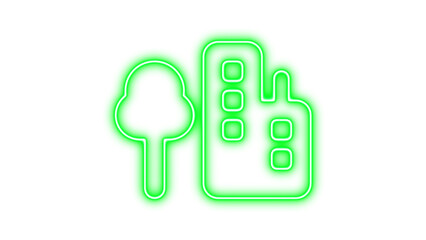 Neon-style icon of a tree and building, Neon tree city icon glow with transparent background
