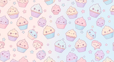 Seamless pattern of cute cupcakes and stars on a pastel background