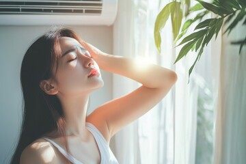 Asian woman in sunlight with hand on forehead near window and air conditioner in a bright room