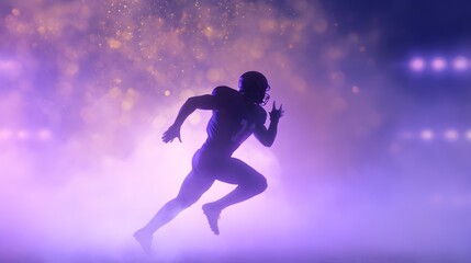 Fototapeta premium Dynamic silhouette of an American football player sprinting through fog during a nighttime game with ambient lights shining in the background