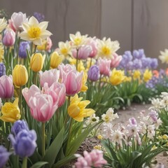 Fototapeta premium Pastel tulips, daffodils, hyacinths in soft light Delicate spring blooms in vibrant colors , march, pastel, light