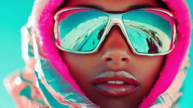 A stylish figure stands against a snowy backdrop, sporting reflective sunglasses and a bright, fluffy jacket. The setting captures the essence of winter fashion and playful energy