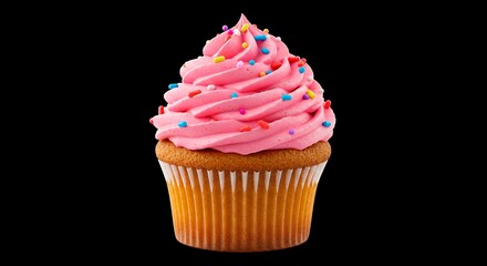 Cupcake with pink frosting and colorful sprinkles isolated on a black background