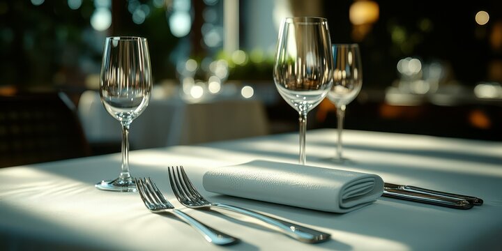 Elegant restaurant table setting in a cozy dining atmosphere during evening hours
