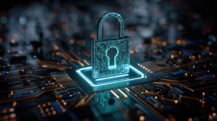 Digital padlock symbolizing cybersecurity protection on a computer circuit board in a futuristic technology landscape, depicting advanced encryption concepts.