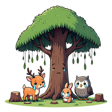 Tree and Animals &ndash; A large tree shelters animals, showing forests are essential homes.