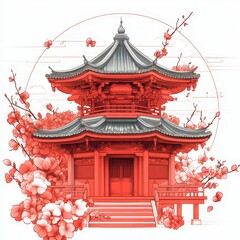 Fototapeta premium Temple surrounded by cherry blossoms showcases traditional architecture and vibrant colors at springtime