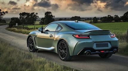 Modern green sports car parked on country road at sunset