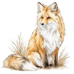 Naklejka premium A detailed watercolor painting of a red fox sitting alert in tall grass.