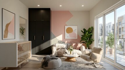 Fototapeta premium A contemporary nursery with a sleek black wardrobe, pastel accent wall, geometric patterned rug, and a clean white crib bathed in soft daylight, no text